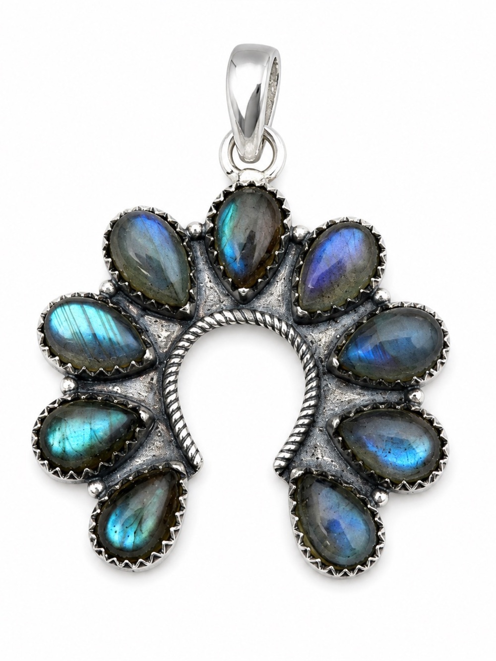 Sterling Silver Labradorite Teardrop Cluster Pendant - Blue-Green Hues